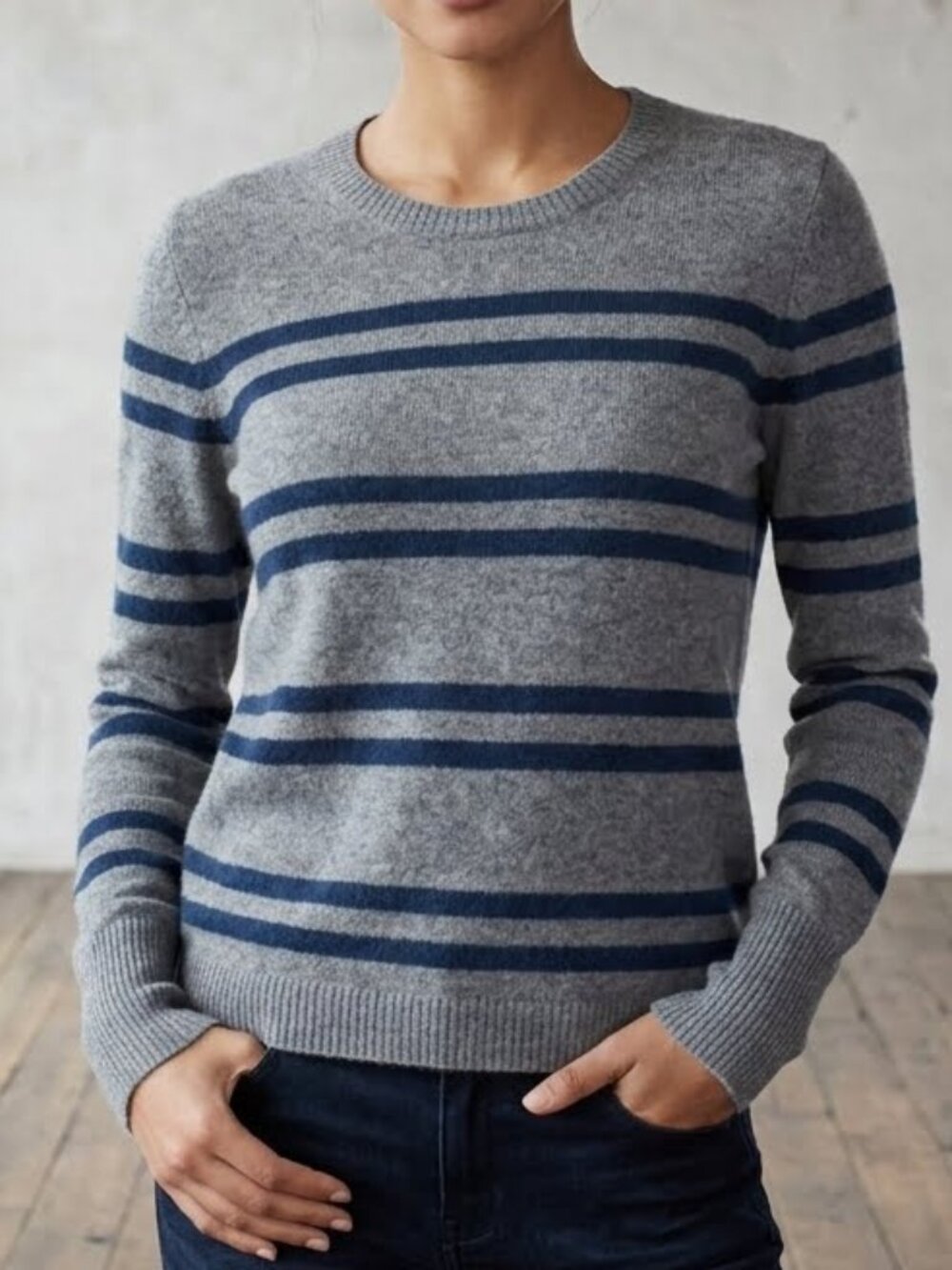 James Perse Cashmere Grey Striped Long Sleeve Sweater Crew Neck Women's Size 0